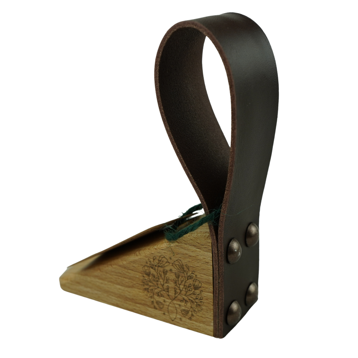 Oak Doorstop with leather handle and floral engraving