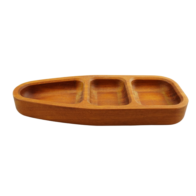 Wooden tray with compartments on a white background