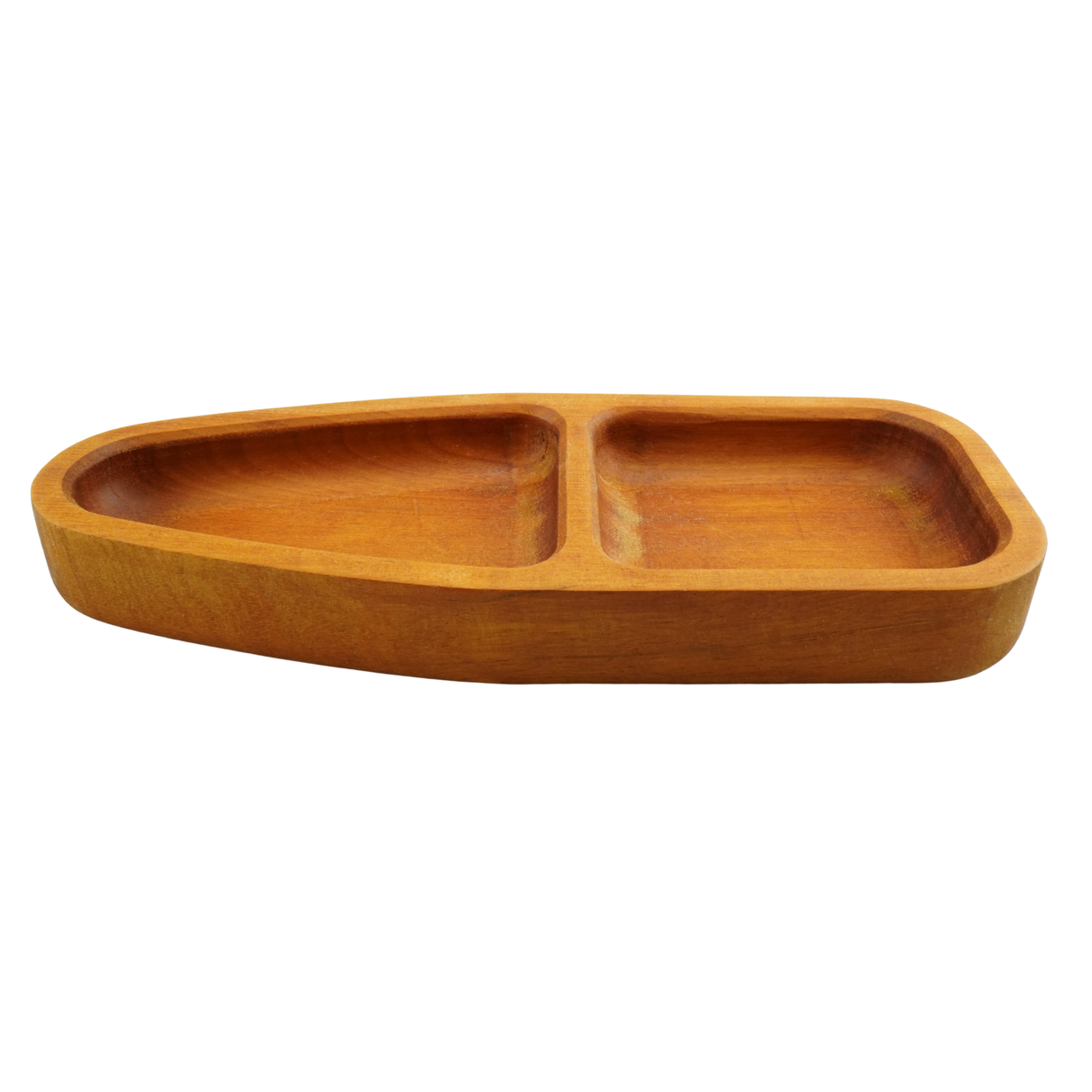 Wooden tray with two compartments on a white background