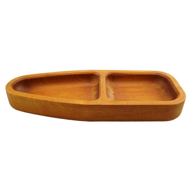 Wooden tray with two compartments on a white background
