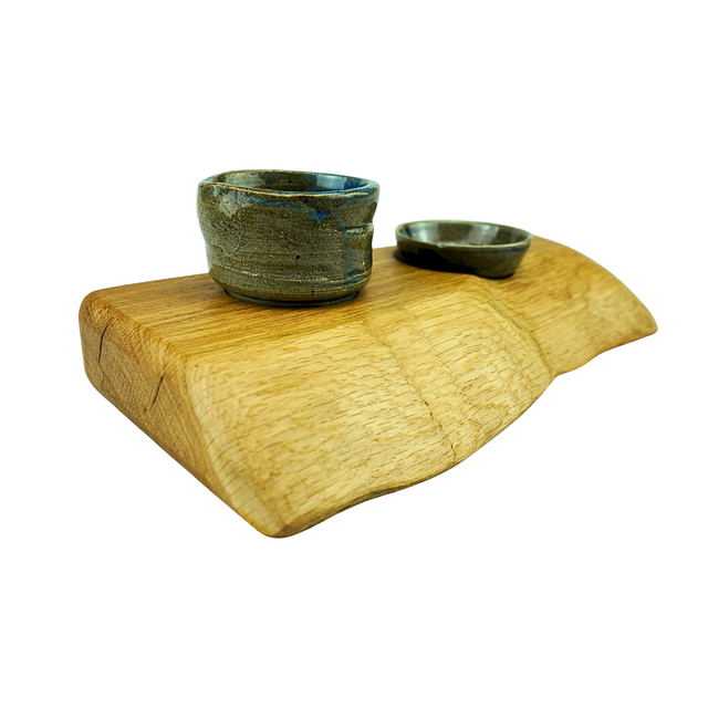 Light Oak Serving Board With Two Dipping Pots