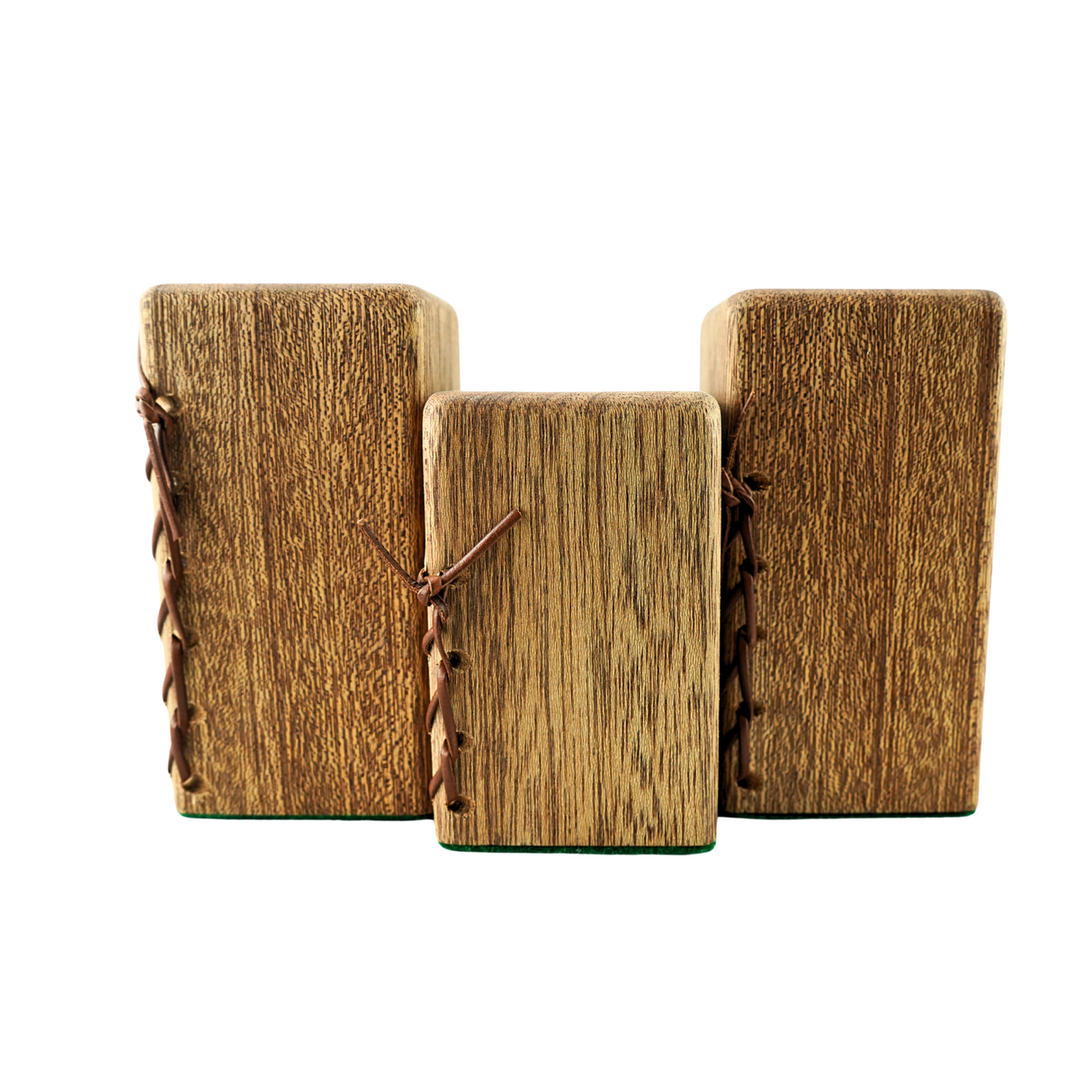 Three Oak Pillar Tea Candle Holders with leather lace detail