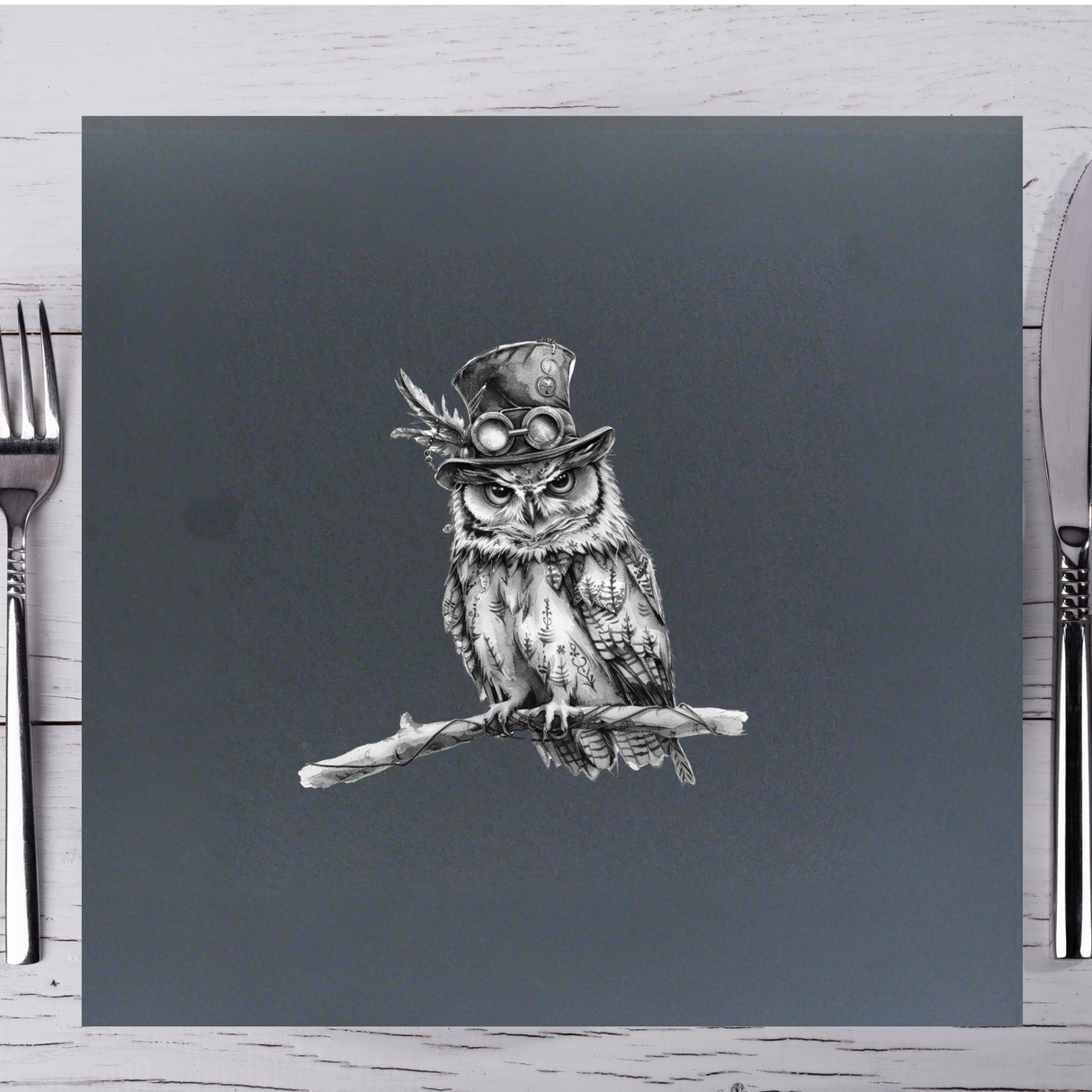 Square Natural Slate Placemat 33cm – Steampunk Owl Engraving