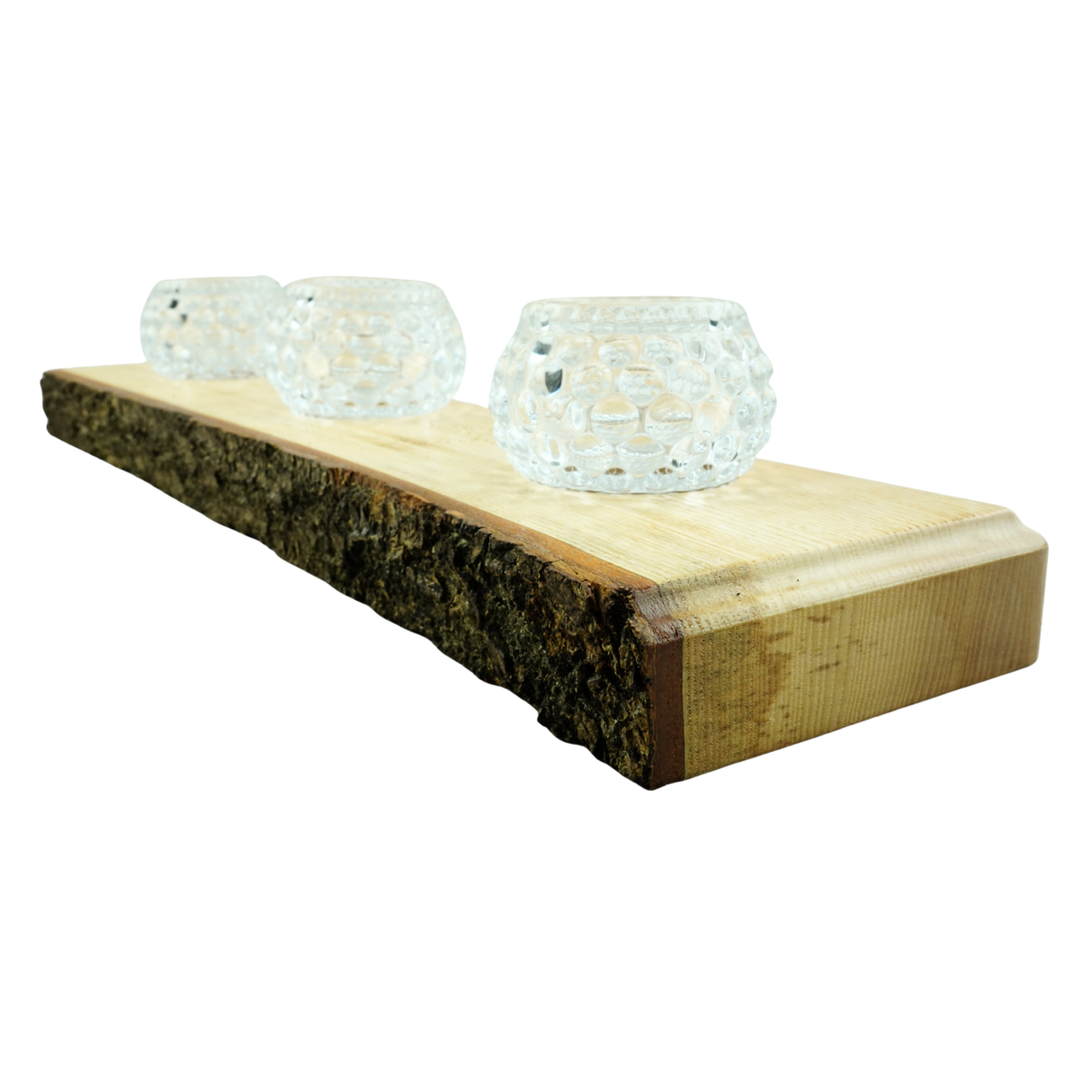 Live Edge Wooden Candle Holder with Glass Tealight Dishes