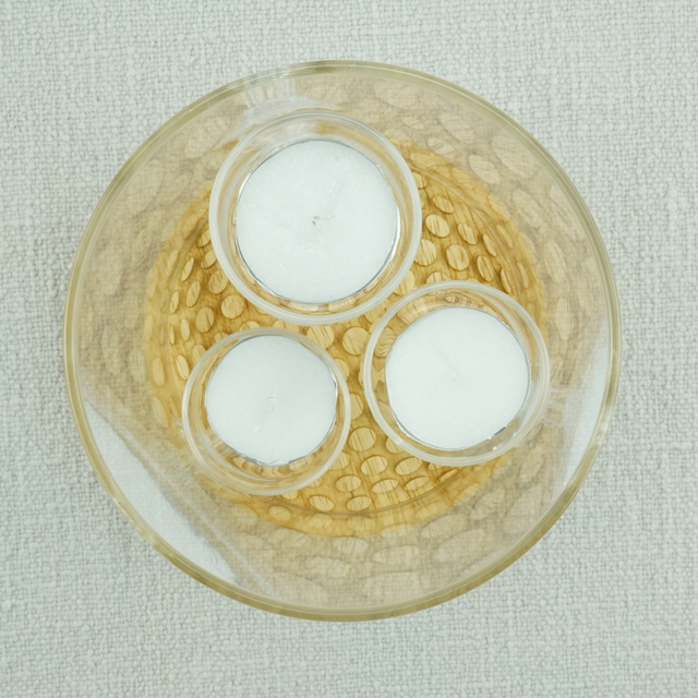 Small Pebbled Wood & Glass Candle Holder – Triple Tealight Display with Glass Cylinder