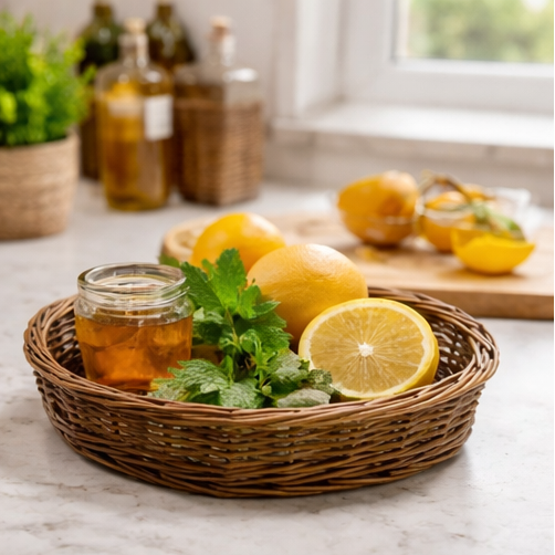 Wicker basket used for various purposes including holding candles, lemons, books, and remote controls.
