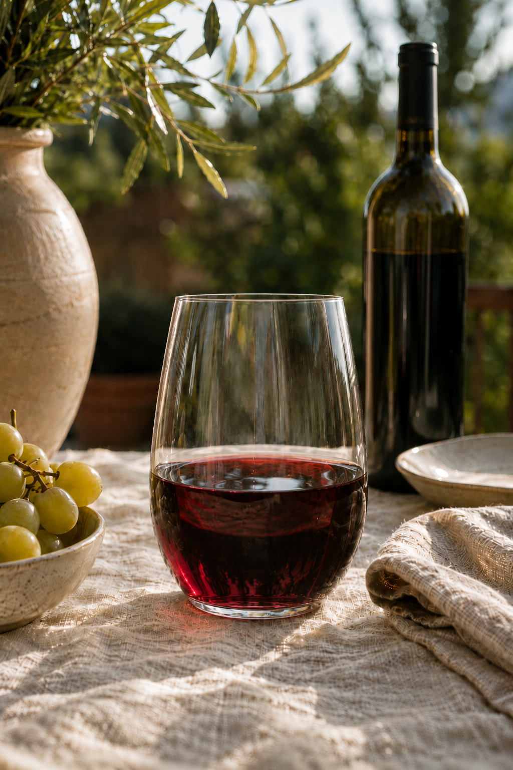 475ml stemless wine glass with red wine on a table with a bottle and grapes in the background