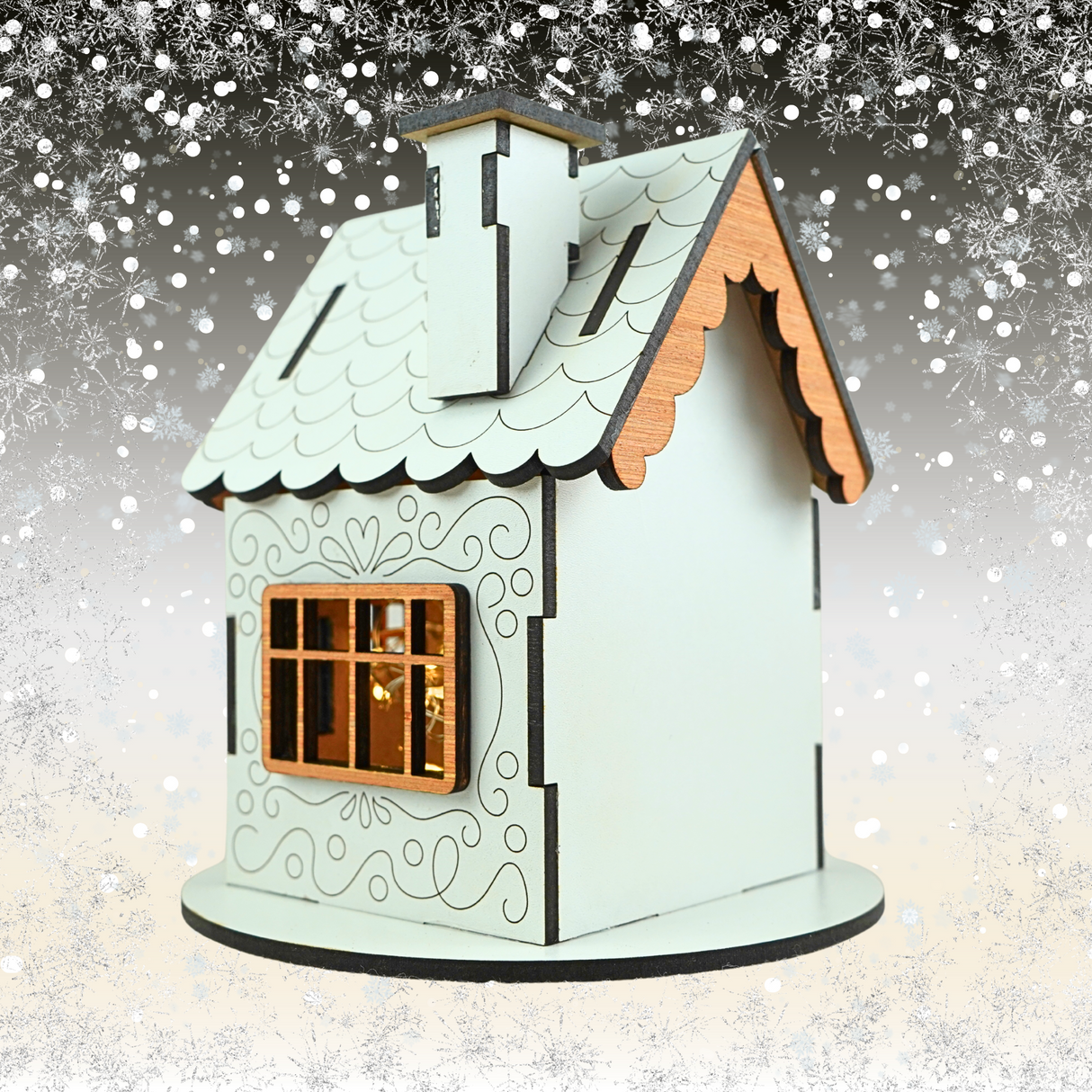 Wooden Christmas Gingerbread House for LED Candle Light - White House with Wooden detail