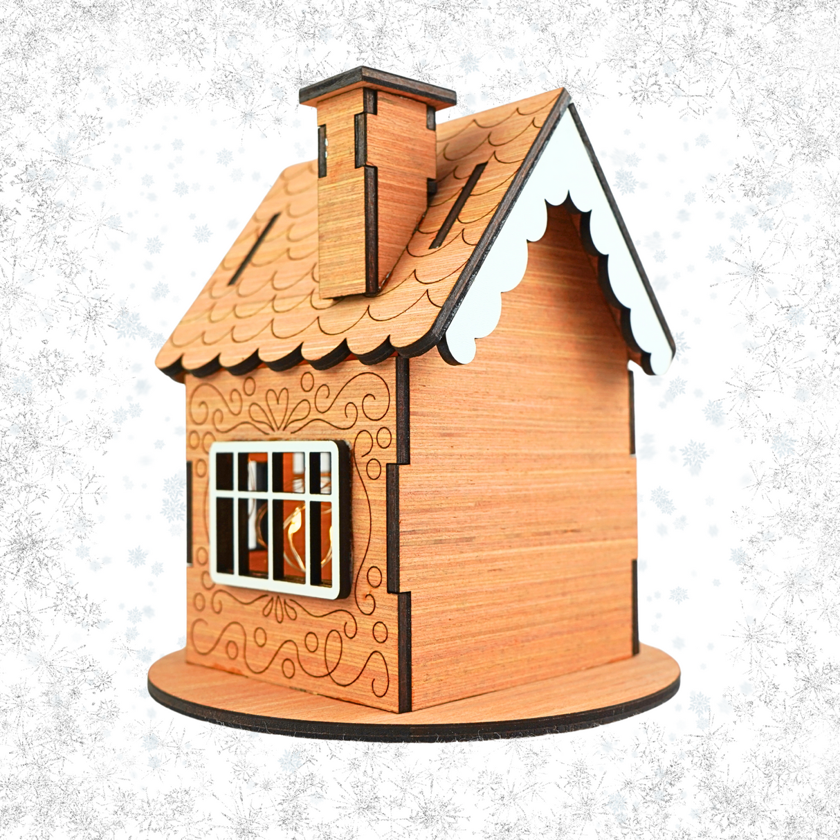 Wooden Christmas Gingerbread House for LED Candle Light - Wooden House with White detail