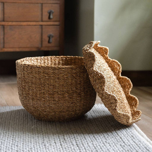 Bangali Scalloped Lidded Seagrass Storage Baskets – Set of 3