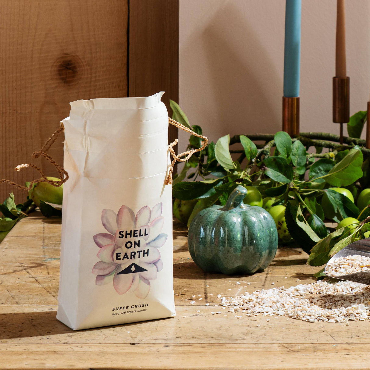Bag of 'Shell on Earth' coffee on a wooden table with decorative elements