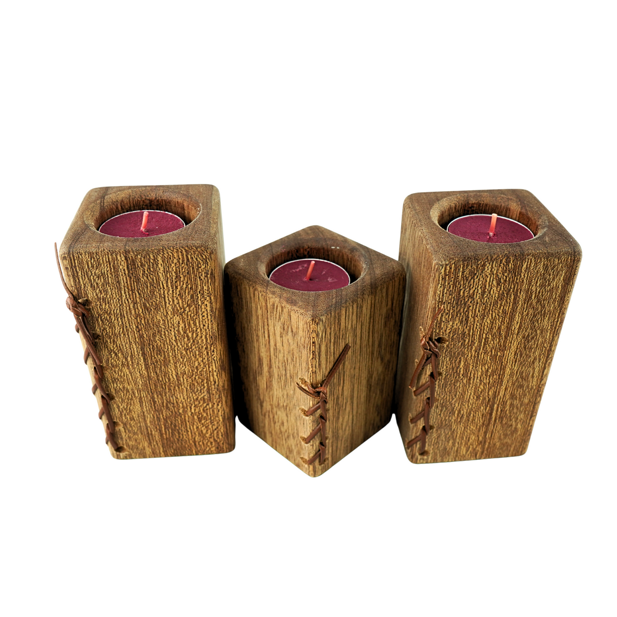 Three Oak Pillar Tea Candle Holders with leather lace detail