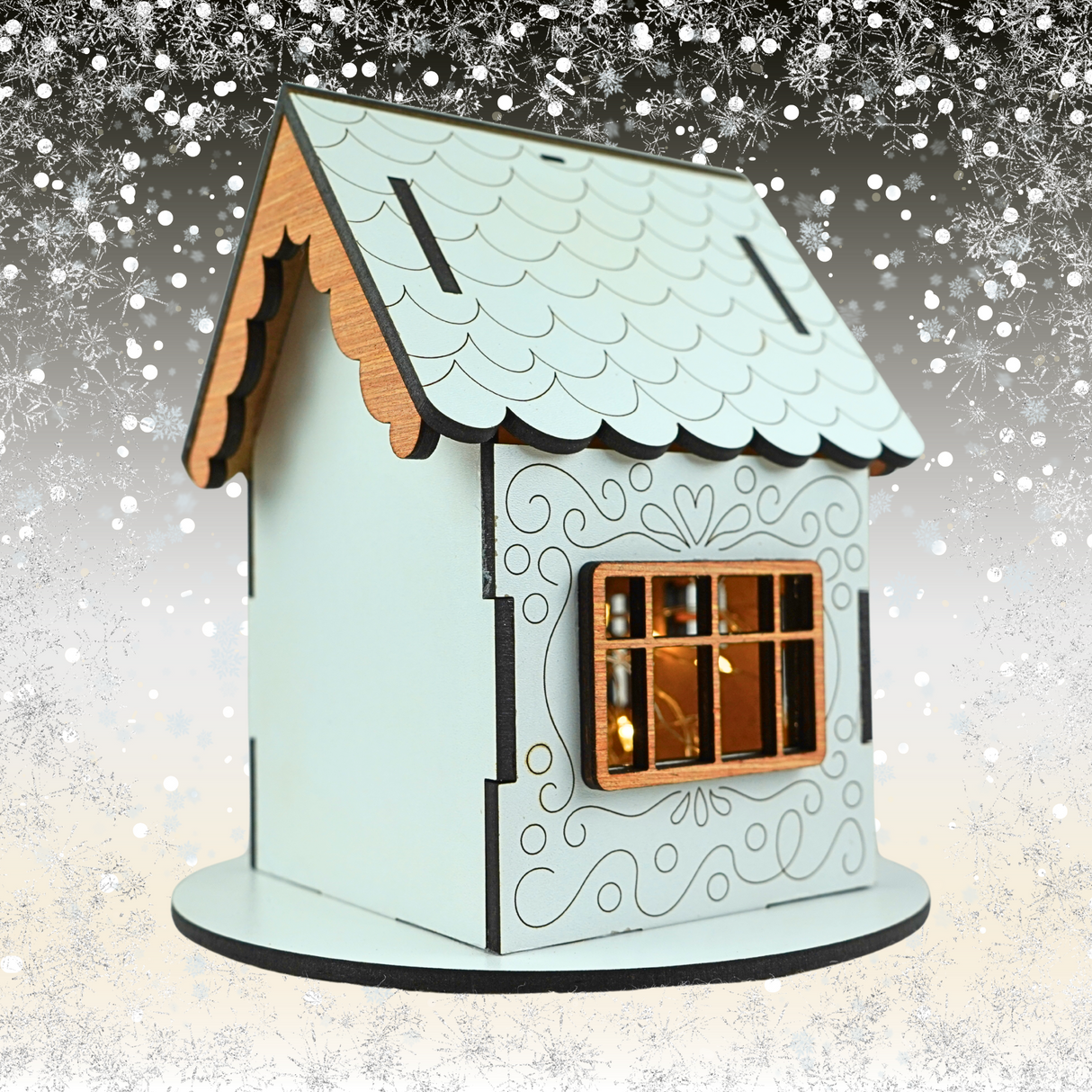 Wooden Christmas Gingerbread House for LED Candle Light - White House with Wooden detail