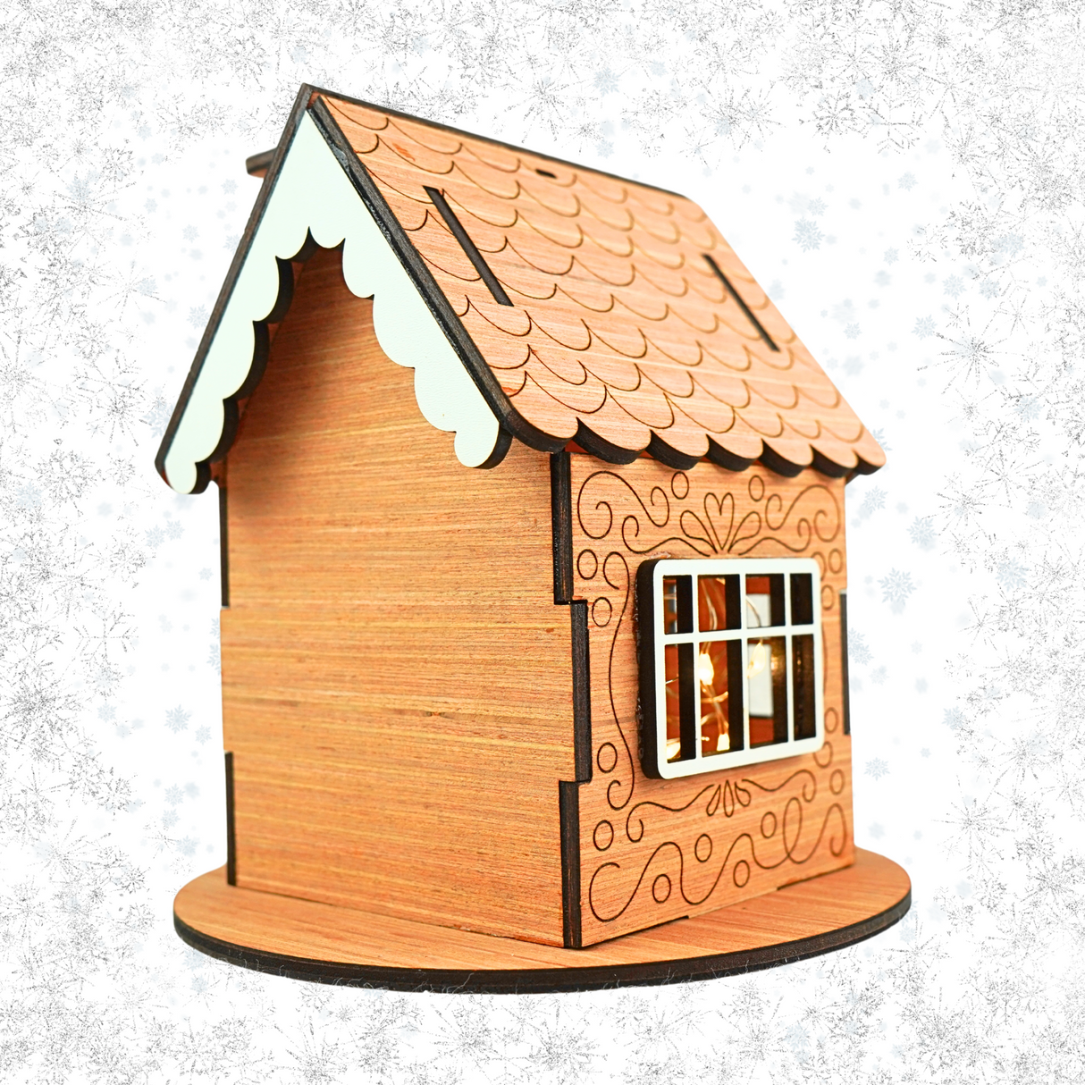 Wooden Christmas Gingerbread House for LED Candle Light - Wooden House with White detail