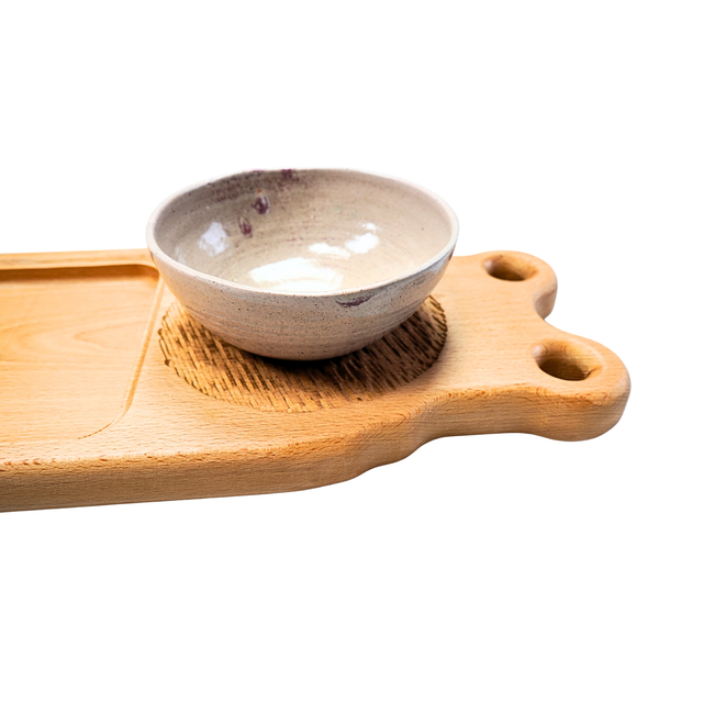 Ash Serving Board with Stoneware Pots – One-of-a-Kind Handcrafted Display Piece