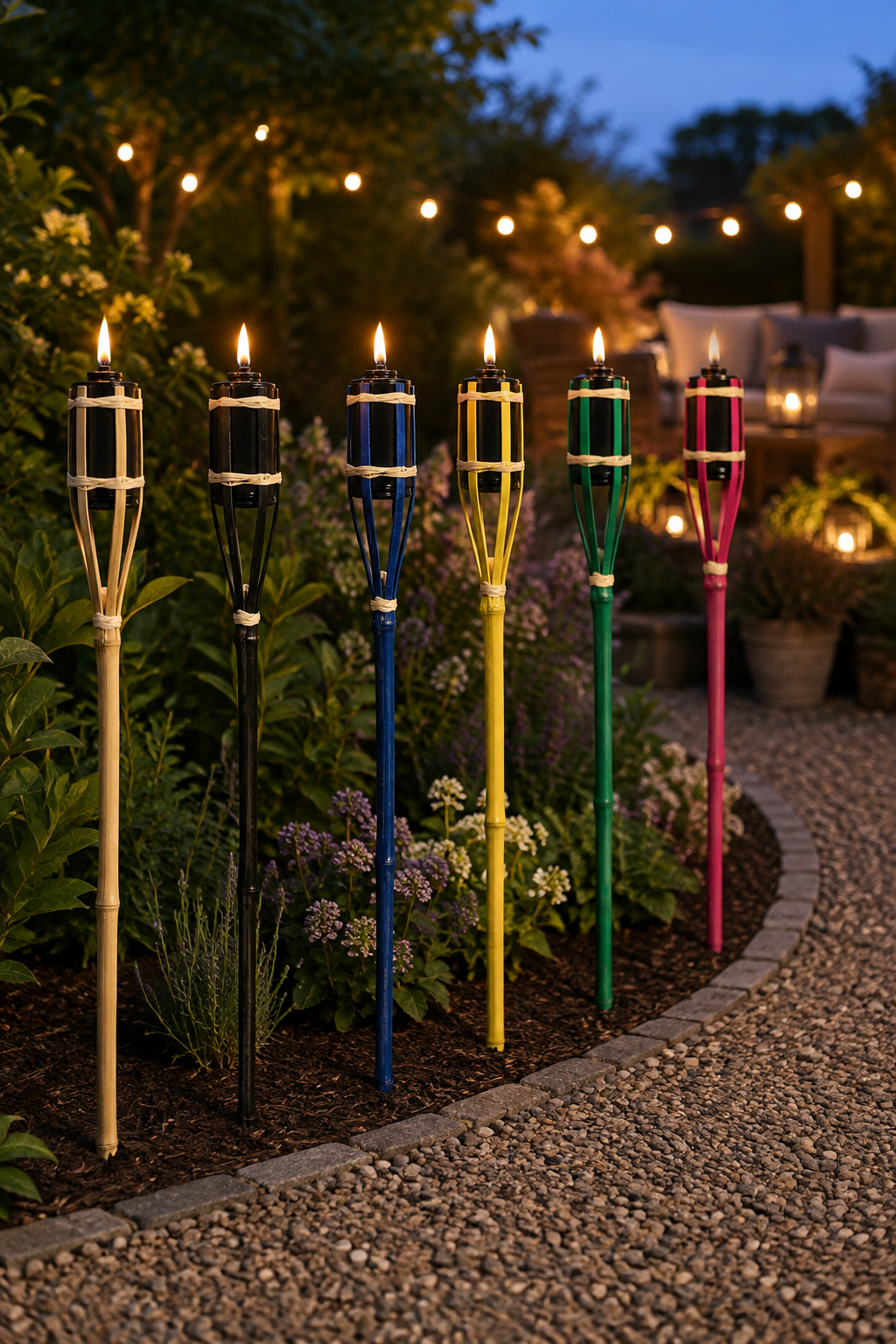 60cm Bamboo Garden Fire Torch with Oil Chamber in the following colours, yellow, black, green, pink, blue, natural.