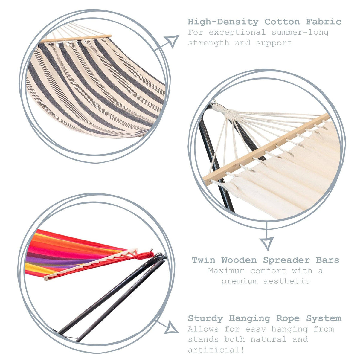 Three hammocks with different color patterns on a white background, featuring text about material and design.