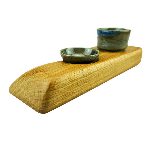 Light Oak Serving Board With Two Dipping Pots