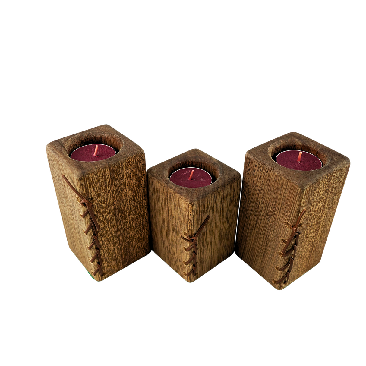 Three Oak Pillar Tea Candle Holders with leather lace detail
