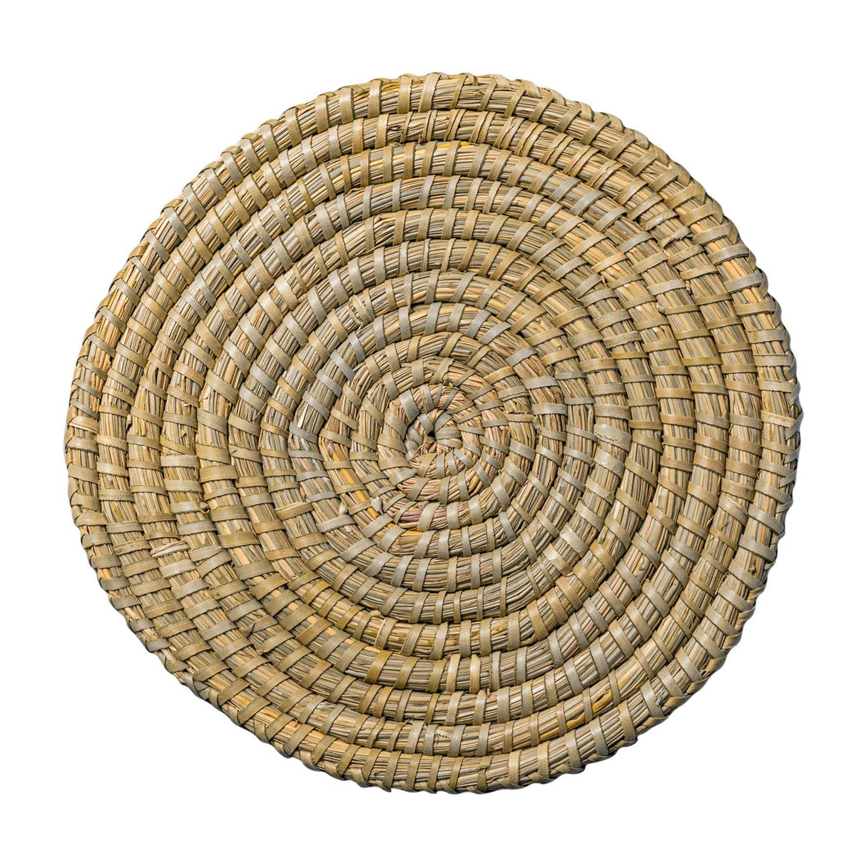 Round woven placemat with a spiral pattern on a white background