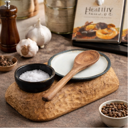 kitchen scene with a wooden cutting board, salt, and wooden spoon.