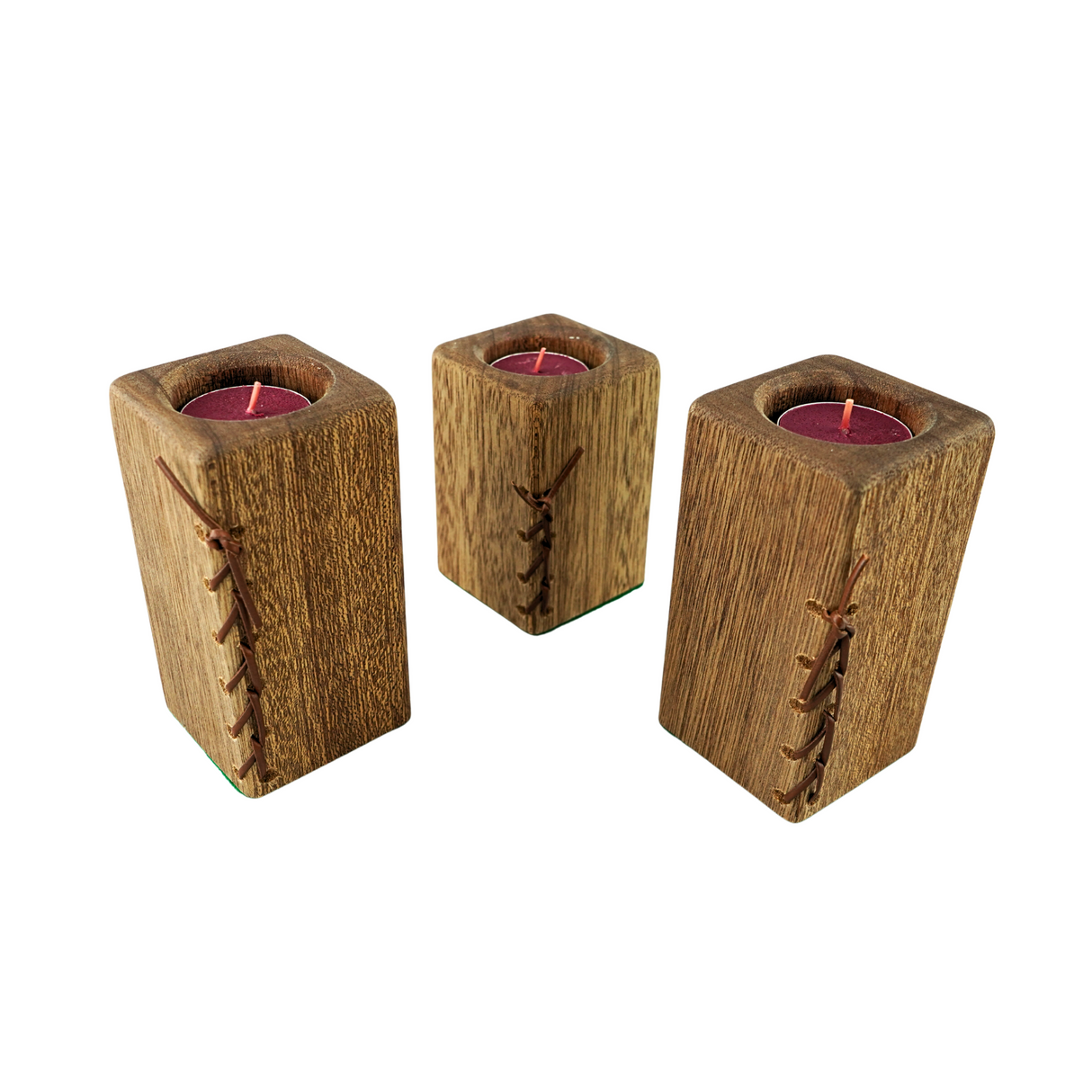 Three Oak Pillar Tea Candle Holders with leather lace detail