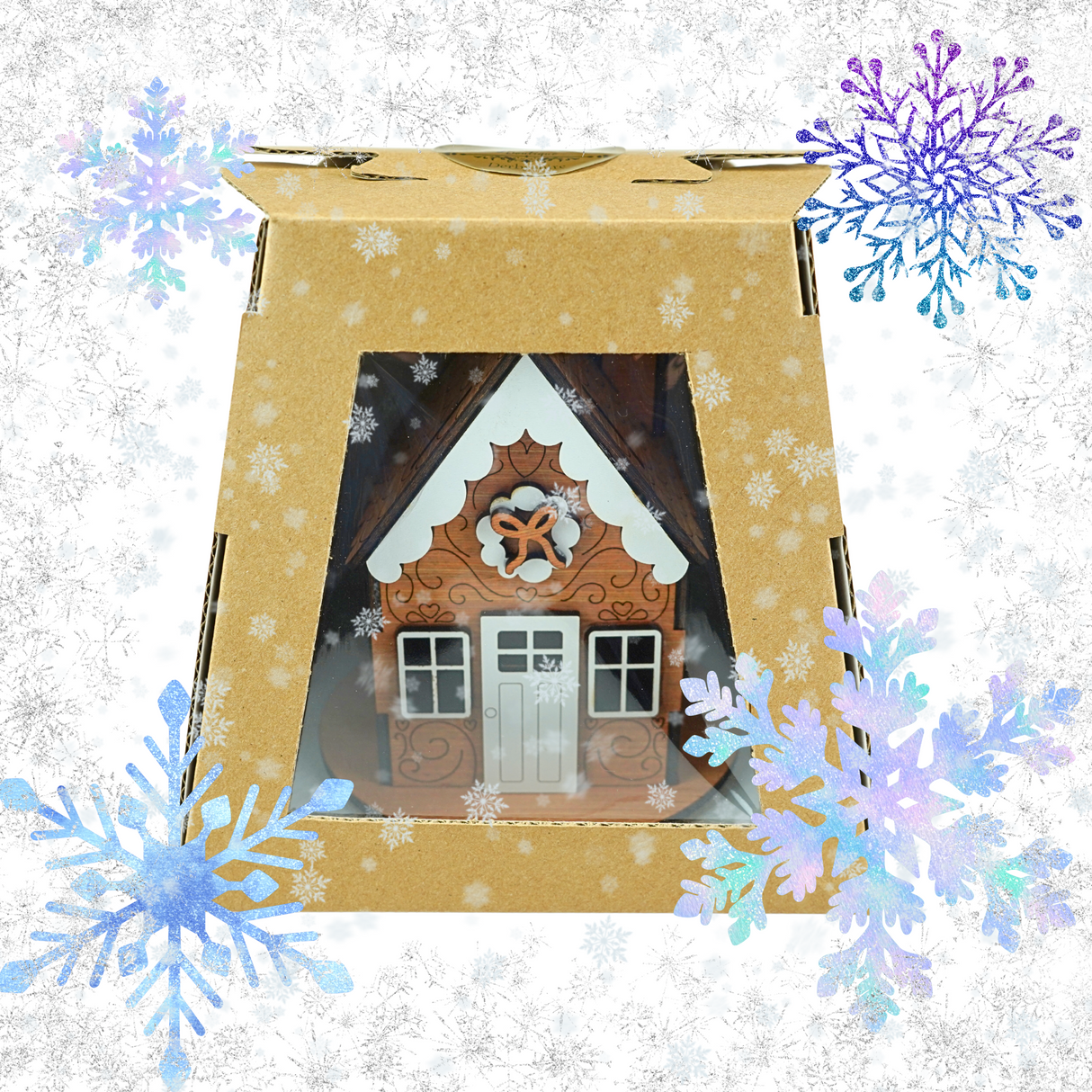 Wooden Christmas Gingerbread House for LED Candle Light - Wooden House with White detail