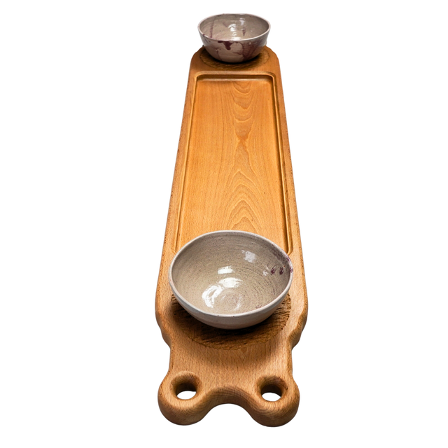Ash Serving Board with Stoneware Pots – One-of-a-Kind Handcrafted Display Piece