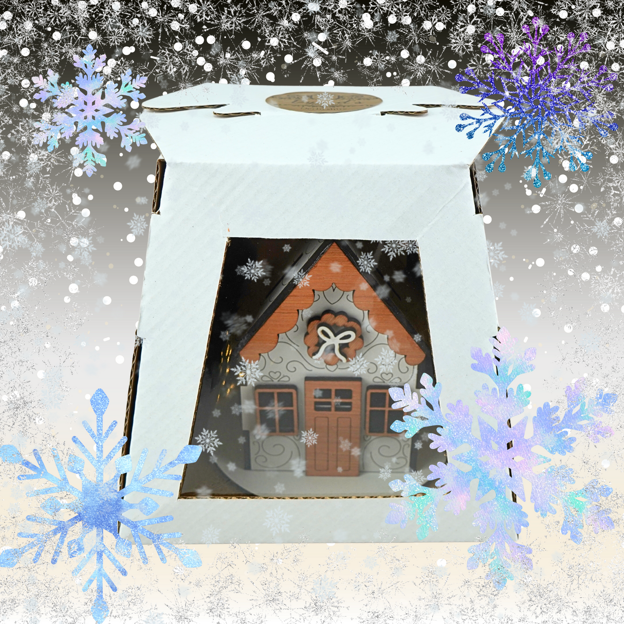 Wooden Christmas Gingerbread House for LED Candle Light - White House with Wooden detail