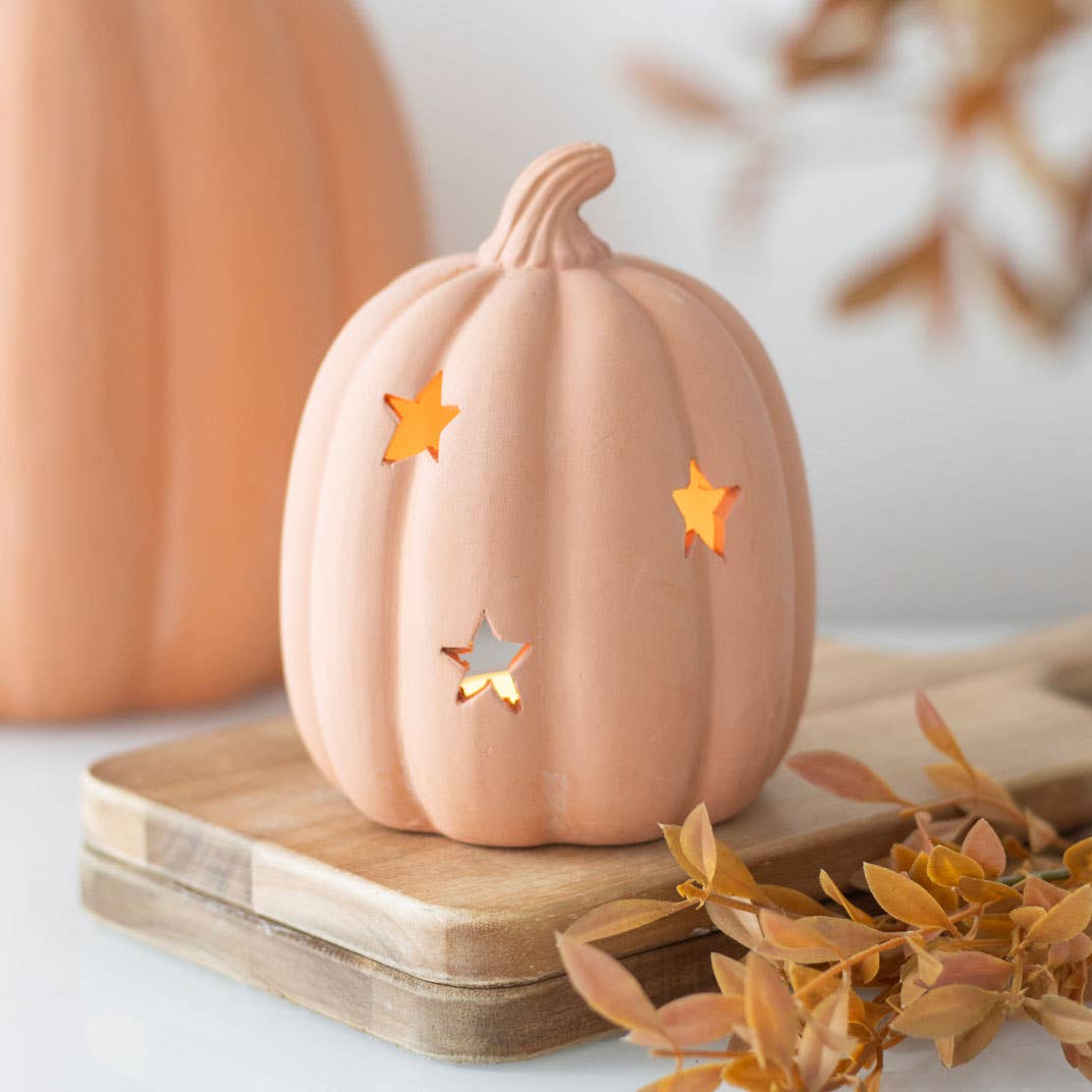 Terracotta Pumpkin Tealight Holder with Star Cut-Outs – Autumn & Halloween Decoration