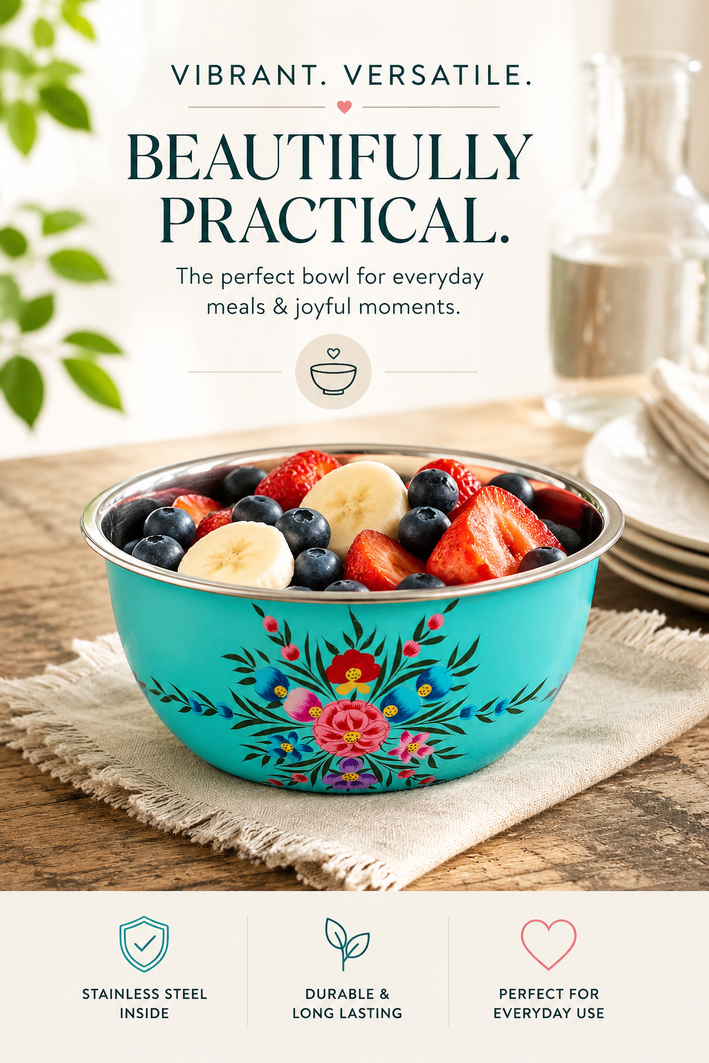 Turquoise bowl with floral design filled with fruit on a wooden table, surrounded by text about the bowl's features.