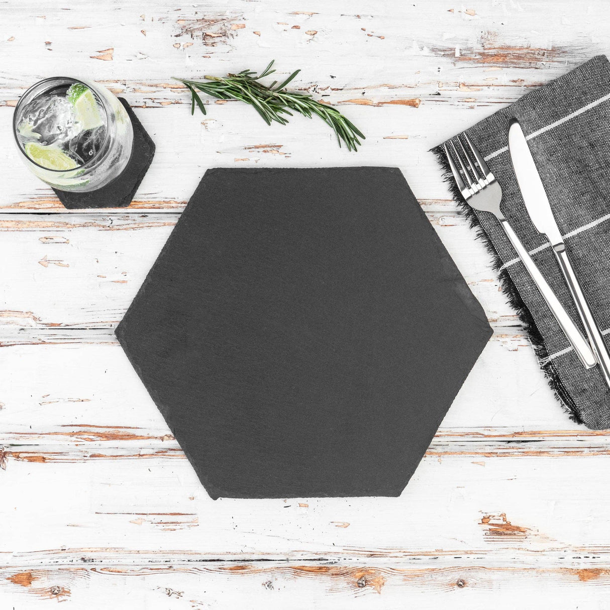 Hexagonal Natural Slate Drinks Coaster – 8.5cm (Optional Engraving)