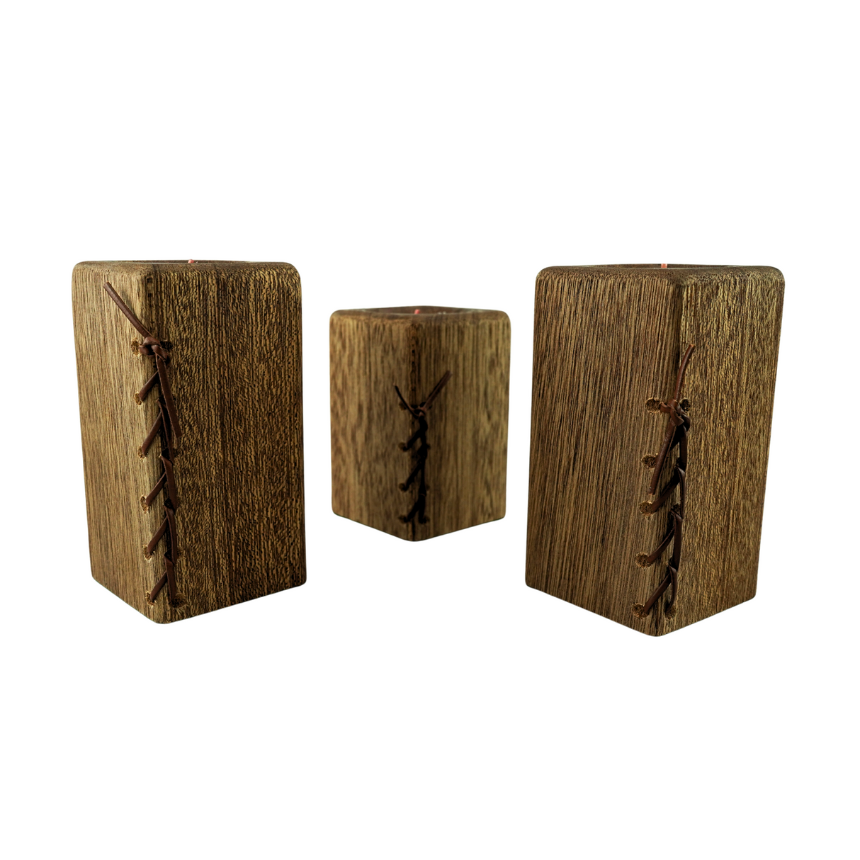 Three Oak Pillar Tea Candle Holders with leather lace detail
