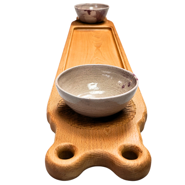 Ash Serving Board with Stoneware Pots – One-of-a-Kind Handcrafted Display Piece