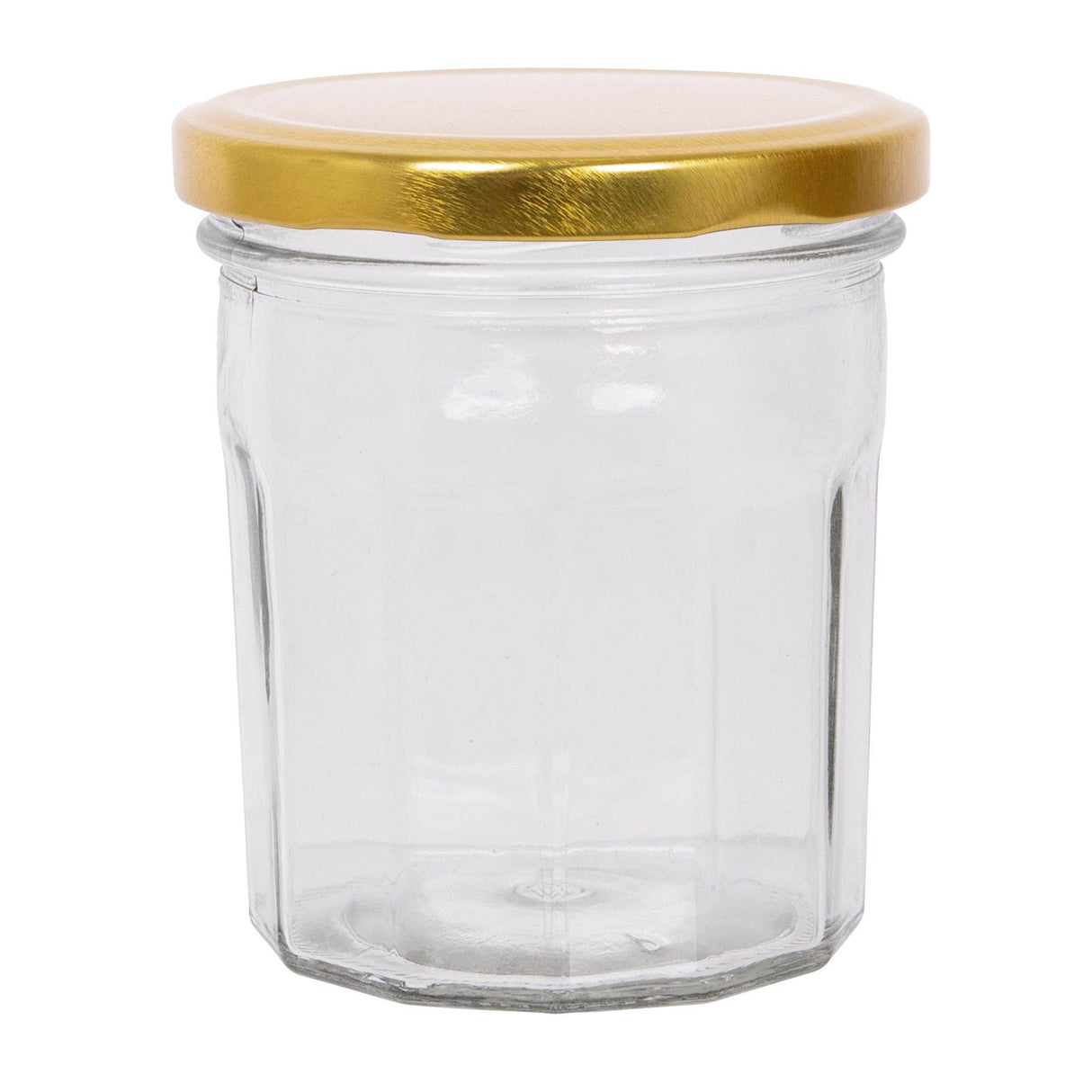 Clear glass jar with a gold lid on a white background