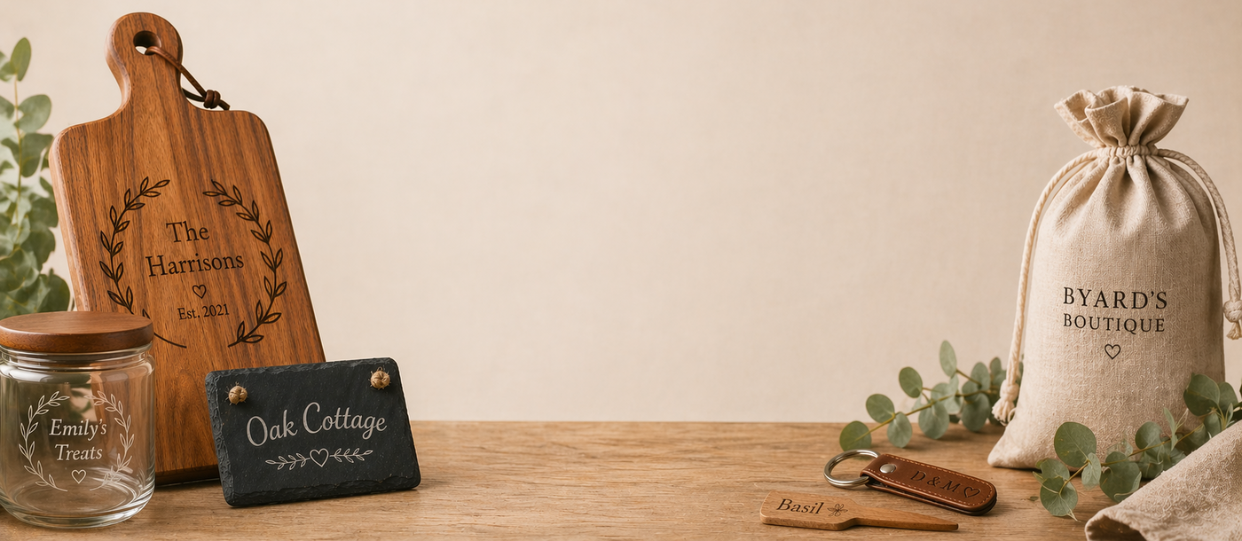 Wooden cutting board, glass jar, and decorative items on a wooden surface with a beige background.