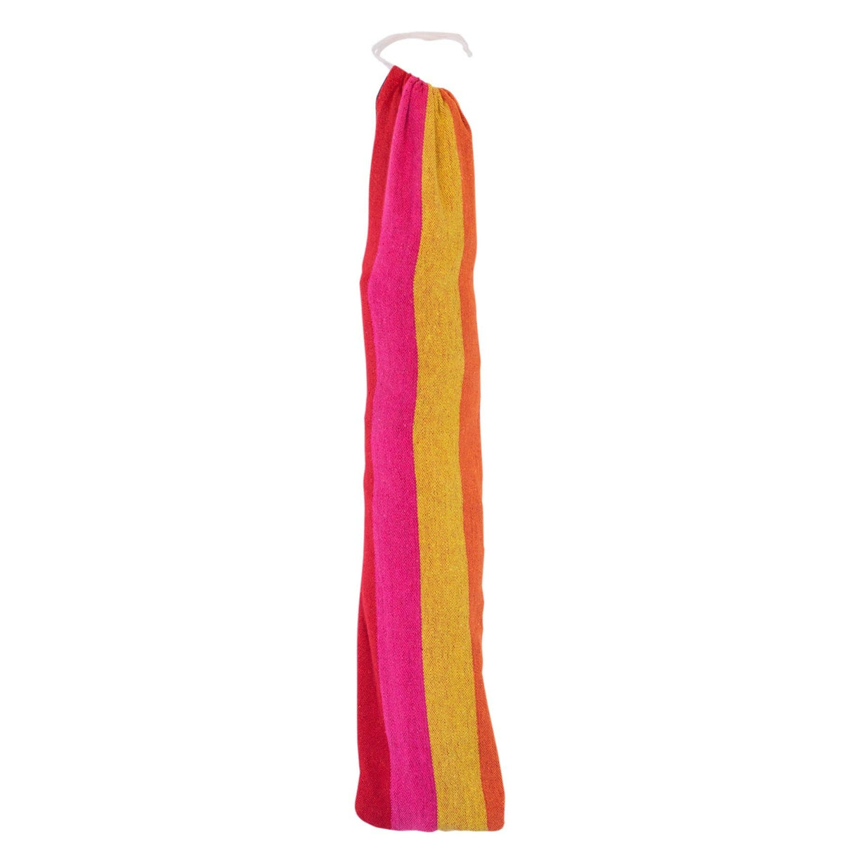 Colorful striped fabric on a hanger against a white background