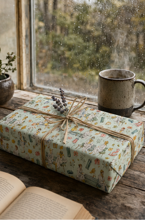 A gift box wrapped in a light blue green wrapping paper with a colourful vintage-style illustration pattern, of lady's sat on benches, with twine bow sits on a rustic wooden windowsill next to a ceramic mug and an open book, with a rainy outdoor scene visible in the background.