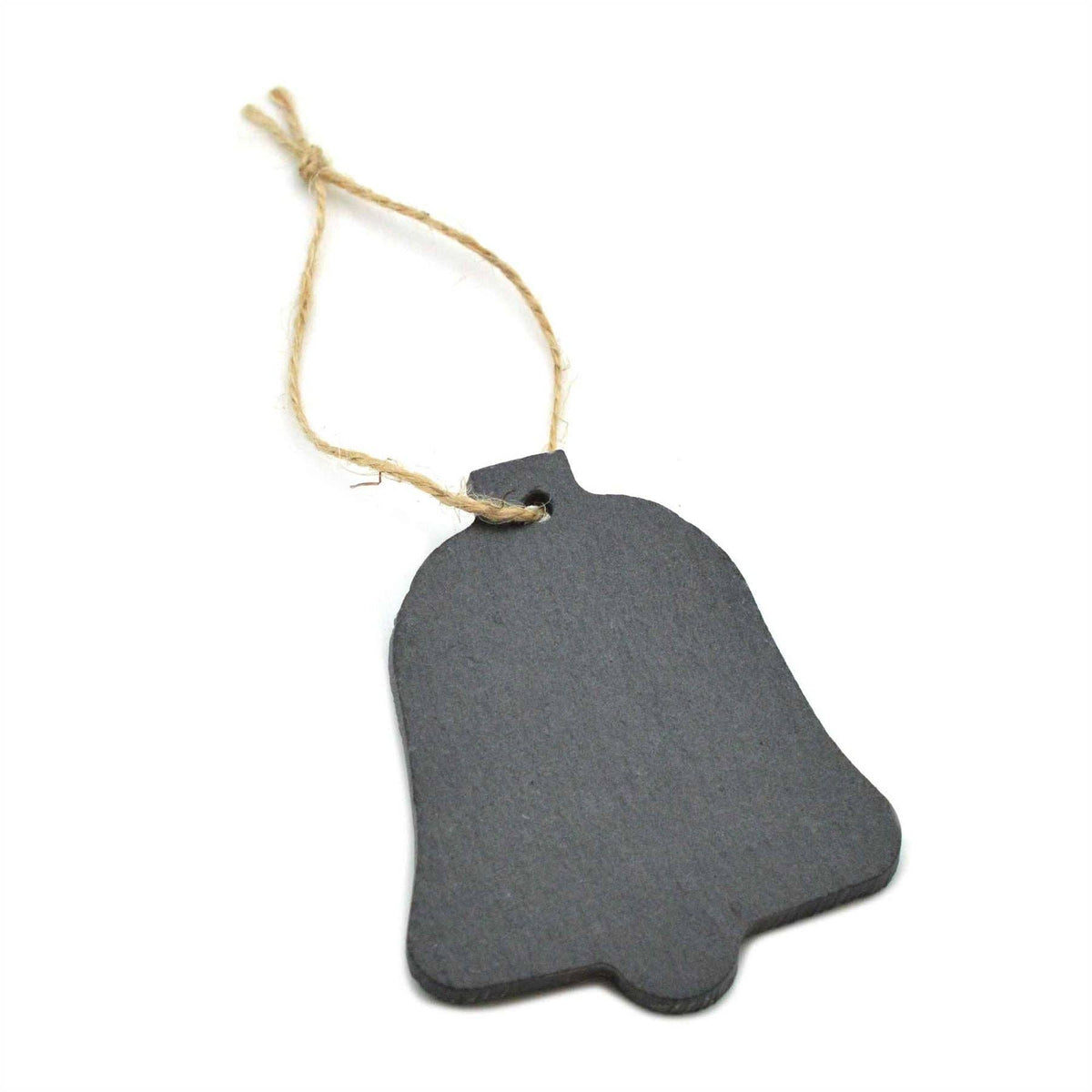 A dark grey bell-shaped slate ornament with a natural jute hanging string, shown on a plain white background.