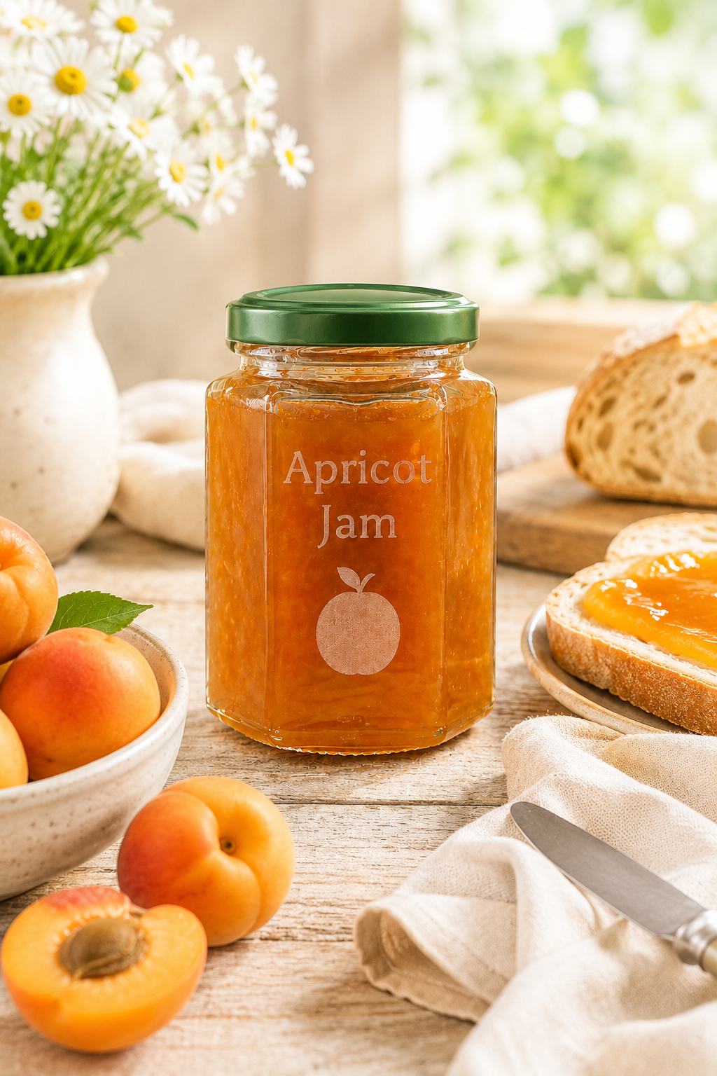 A personalised Jar of apricot jam with a green lid on a table with apricots, bread, and flowers.