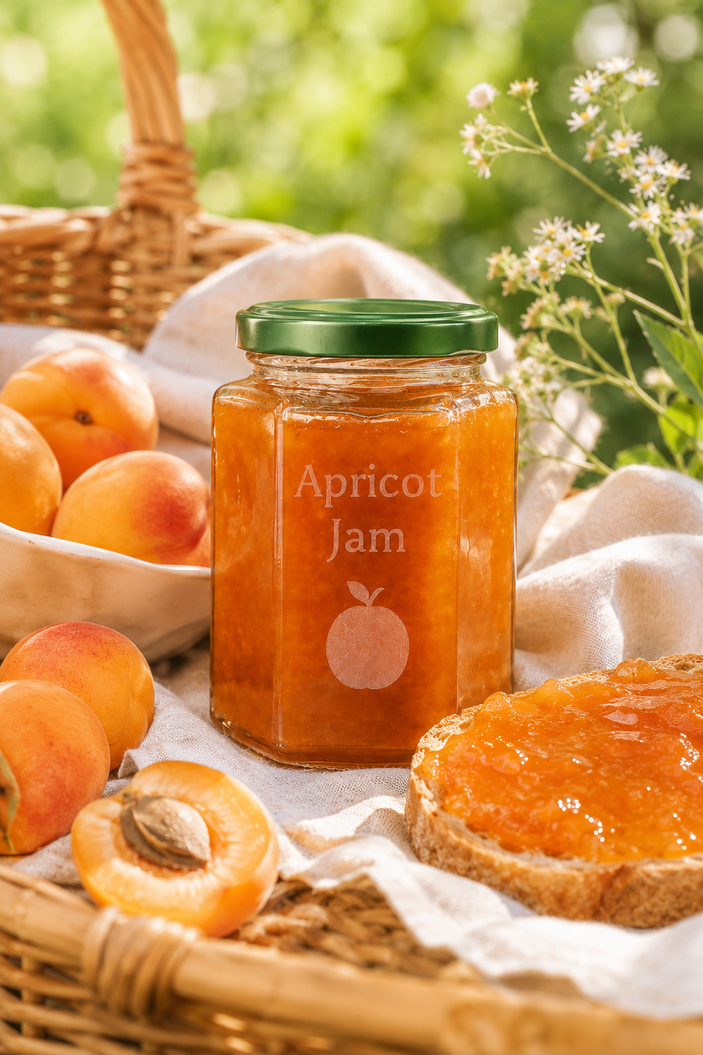 A personalised Jar of apricot jam with a green lid Jar of apricot jam with a slice of bread spread with jam, surrounded by fresh apricots and a basket.
