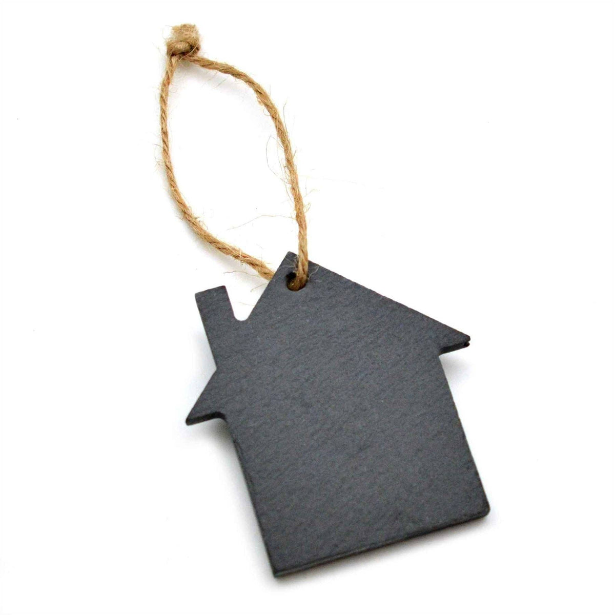 A small house-shaped dark grey slate ornament with a natural jute hanging string, shown on a plain white background.