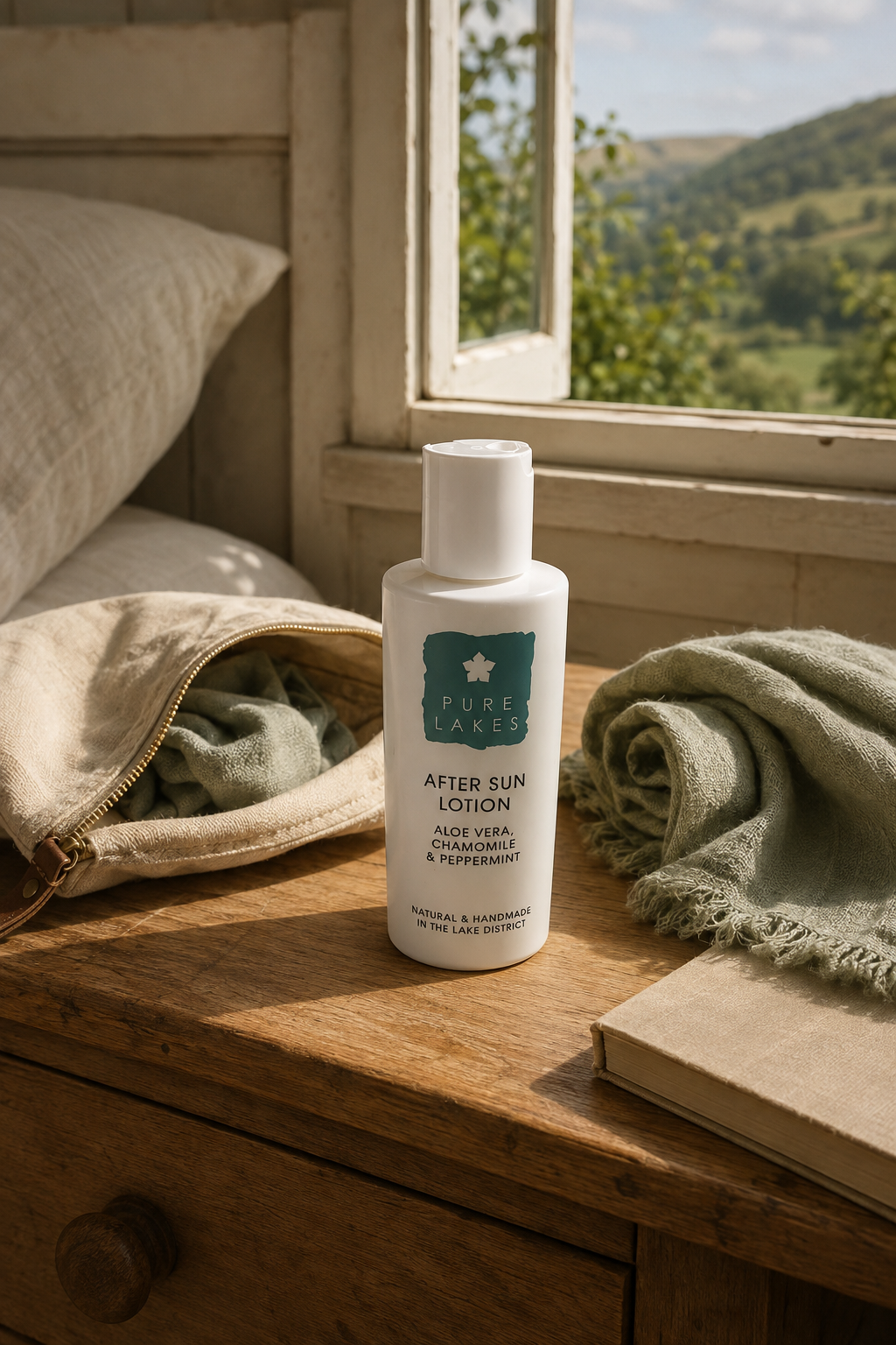 A bottle of Pure Lakes After Sun Lotion stands on a rustic wooden table beside a window, with a linen bag, folded green cloth, and book nearby.