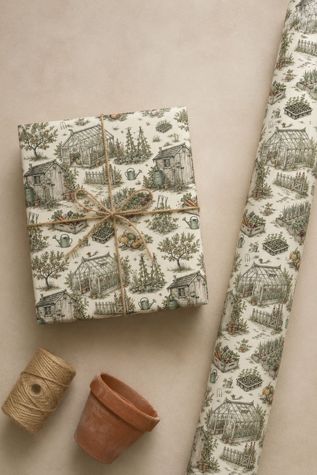 Allotment gift wrap with shed, vegetable beds and greenhouse illustration on a white background.