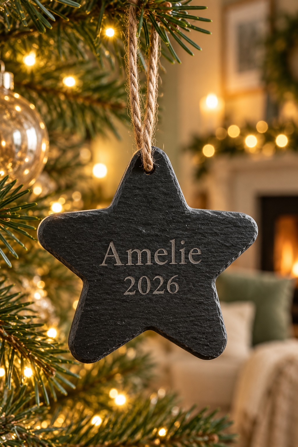 A personalized dark gray slate Christmas star ornament engraved with 'Amelie 2026' and hanging from a jute ribbon on a decorated Christmas tree in a cozy living room setting.