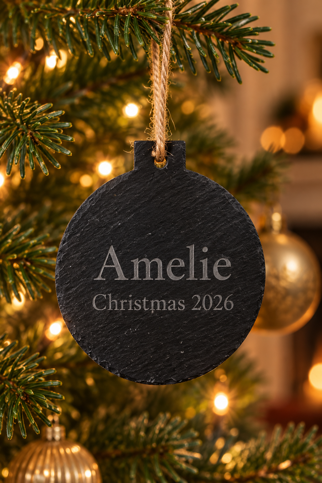 A personalized round black slate Christmas ornament hanging from a tree branch with warm lights in the background. The ornament is engraved with the name 'Amelie' and 'Christmas 2026' in light gray lettering.