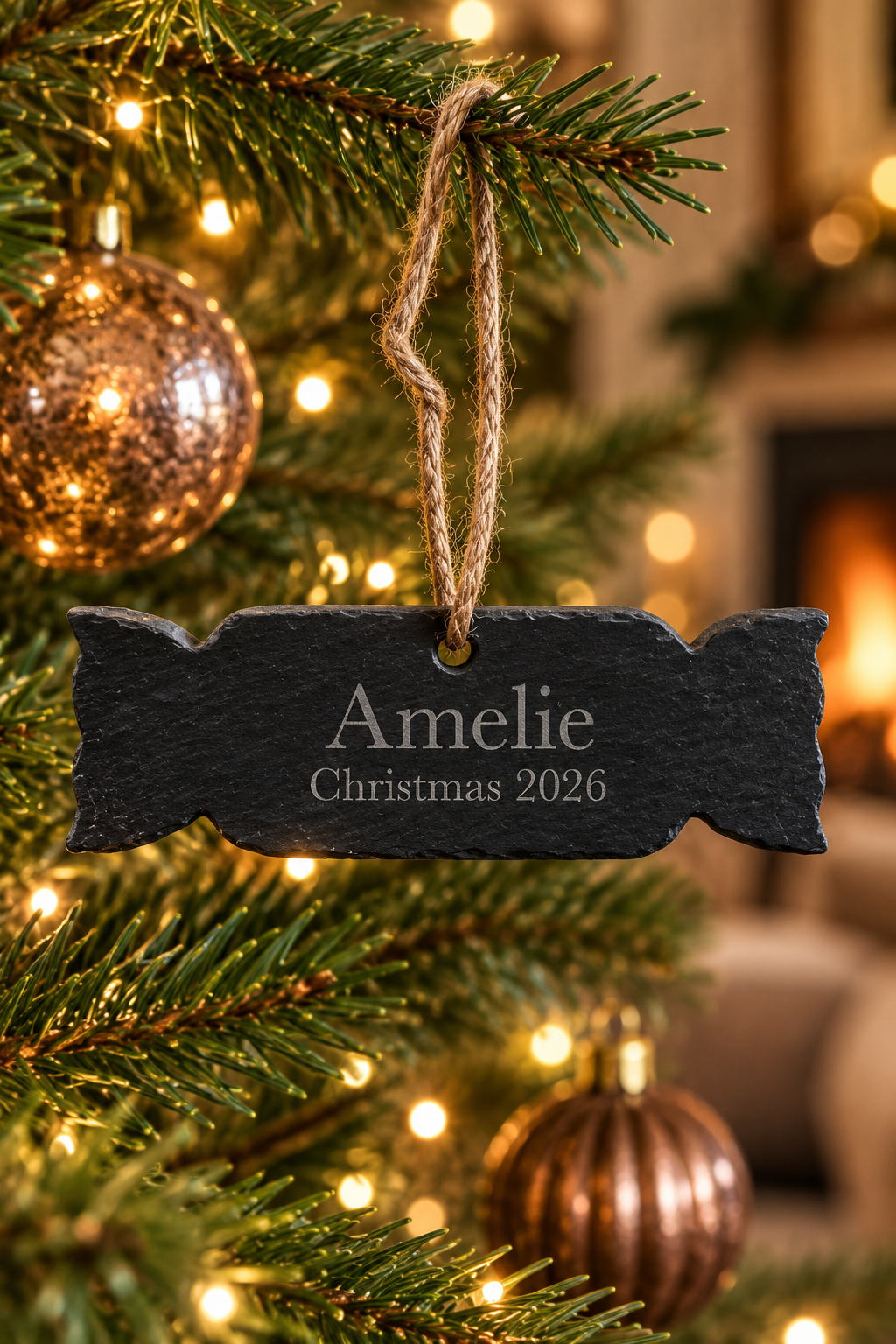 A personalised Christmas Cracker ornament. Made of dark slate with engraved white text reading 'Amelie Christmas 2026', hanging from a jute twine on a decorated Christmas tree with warm lights.