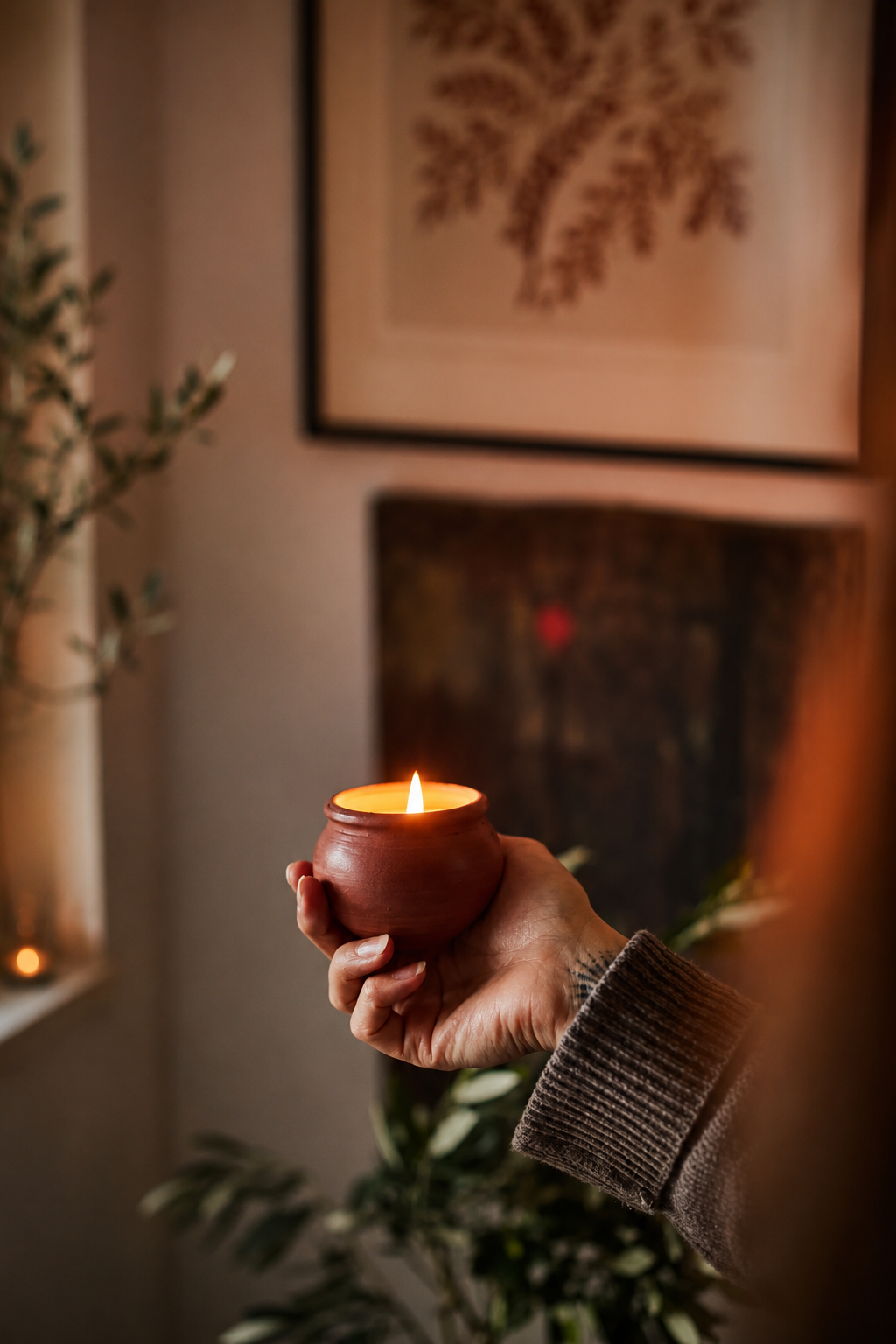 Hand holding a small lit terracotta pot candle in a cozy indoor setting with plants and framed artwork.