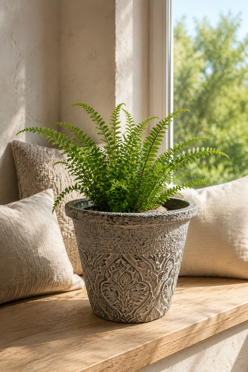 A green fern in a textured gray decorative pot, placed on a wooden windowsill with beige pillows and a window view of green trees in the background.