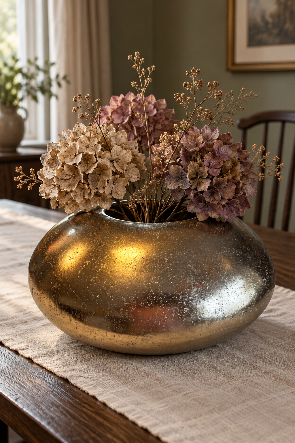 Gold metal pebble bowl filled with dried hydrangeas on a linen runner across a wooden dining table.